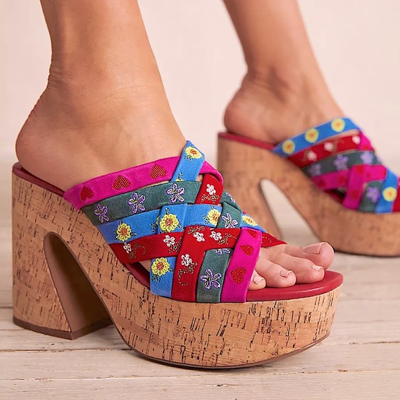 Free People Lisbon Platform Sandal Heeled Mules Multicolored Cherry Heart - Picture 1 of 15
